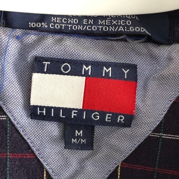 TOMMY Hilfiger Size Med Navy Plaid Polo Shirt - Picture 4 of 4